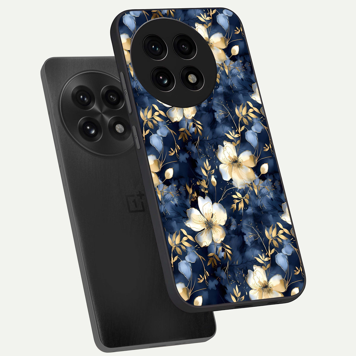  Golden Midnight Bloom phone case For OnePlus 13R showing premium glass back cover with detailed artwork