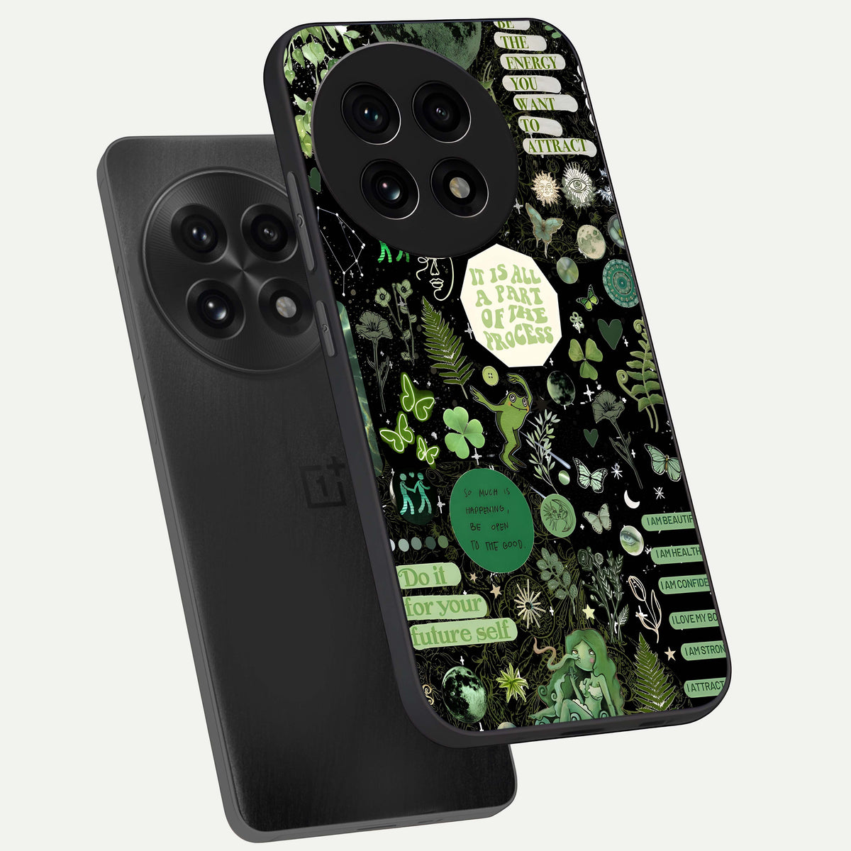  Green Mandala Pattern phone case For OnePlus 13R showing premium glass back cover with detailed artwork