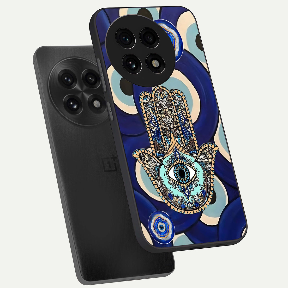  Hamsa Divine Guard phone case For OnePlus 13R showing premium glass back cover with detailed artwork