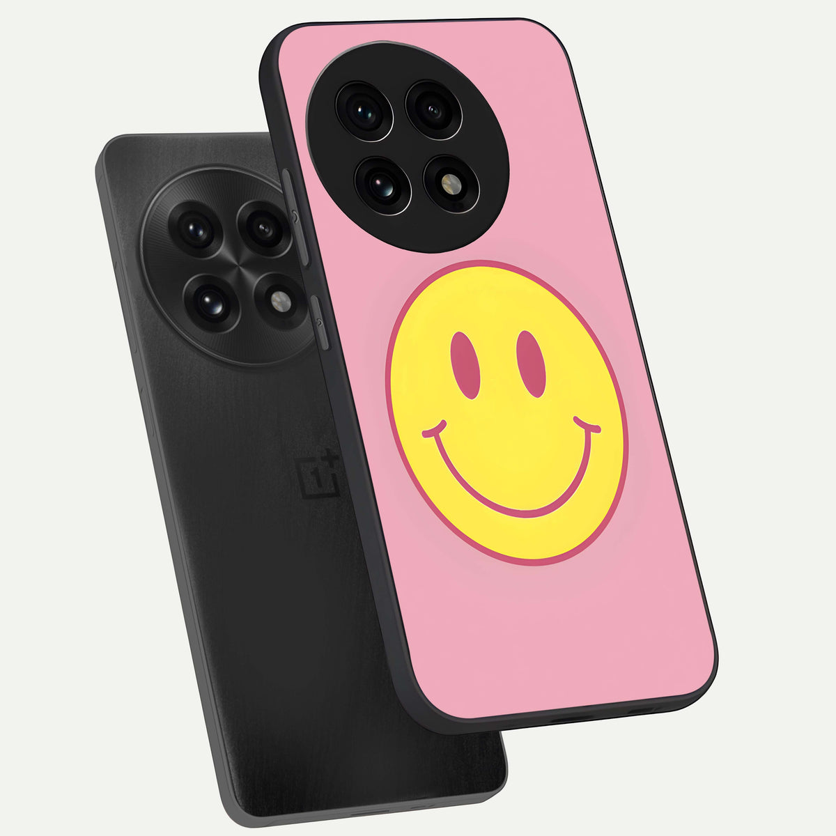  Happy Pink Mood phone case For OnePlus 13R showing premium glass back cover with detailed artwork