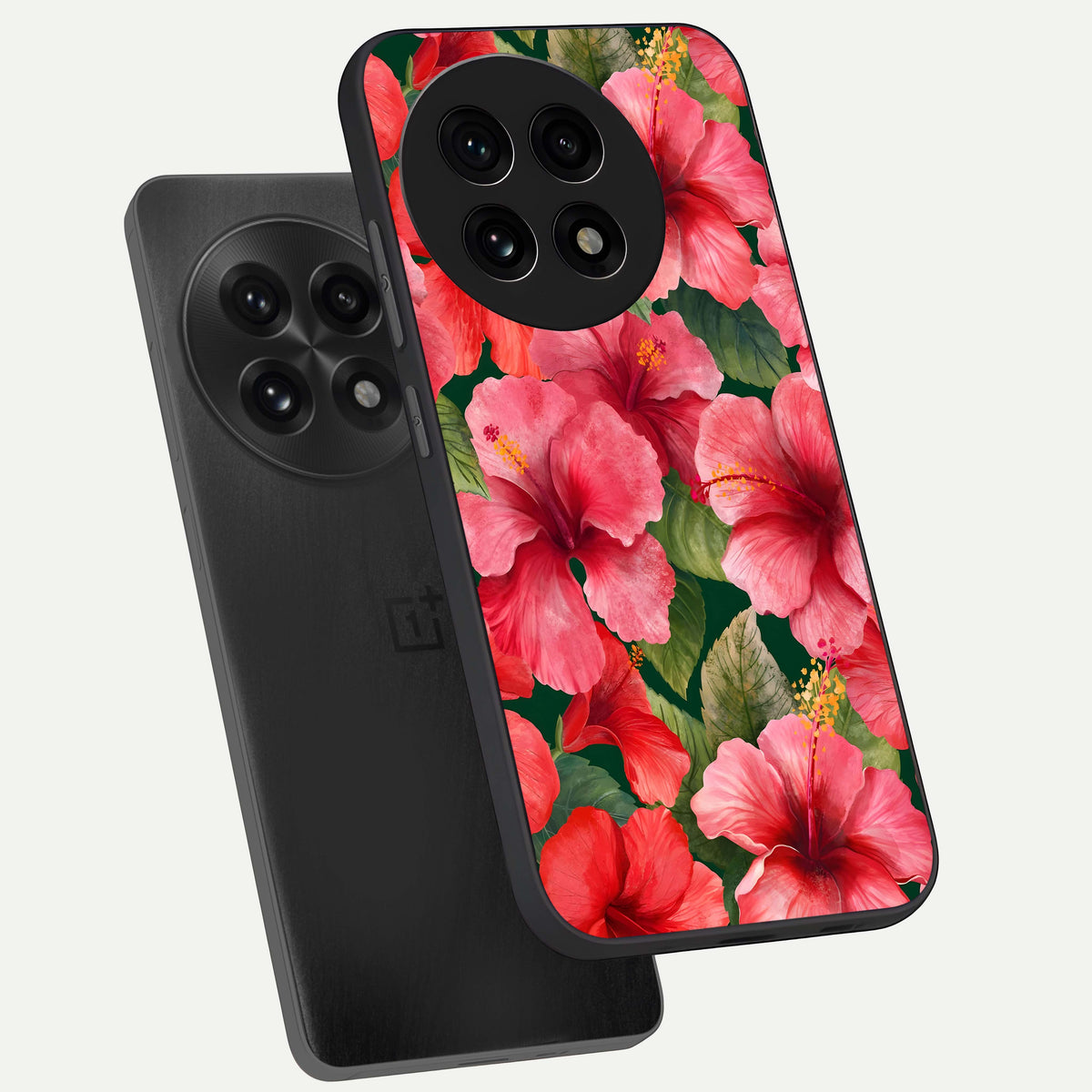  Hibiscus Pattern phone case For OnePlus 13R showing premium glass back cover with detailed artwork