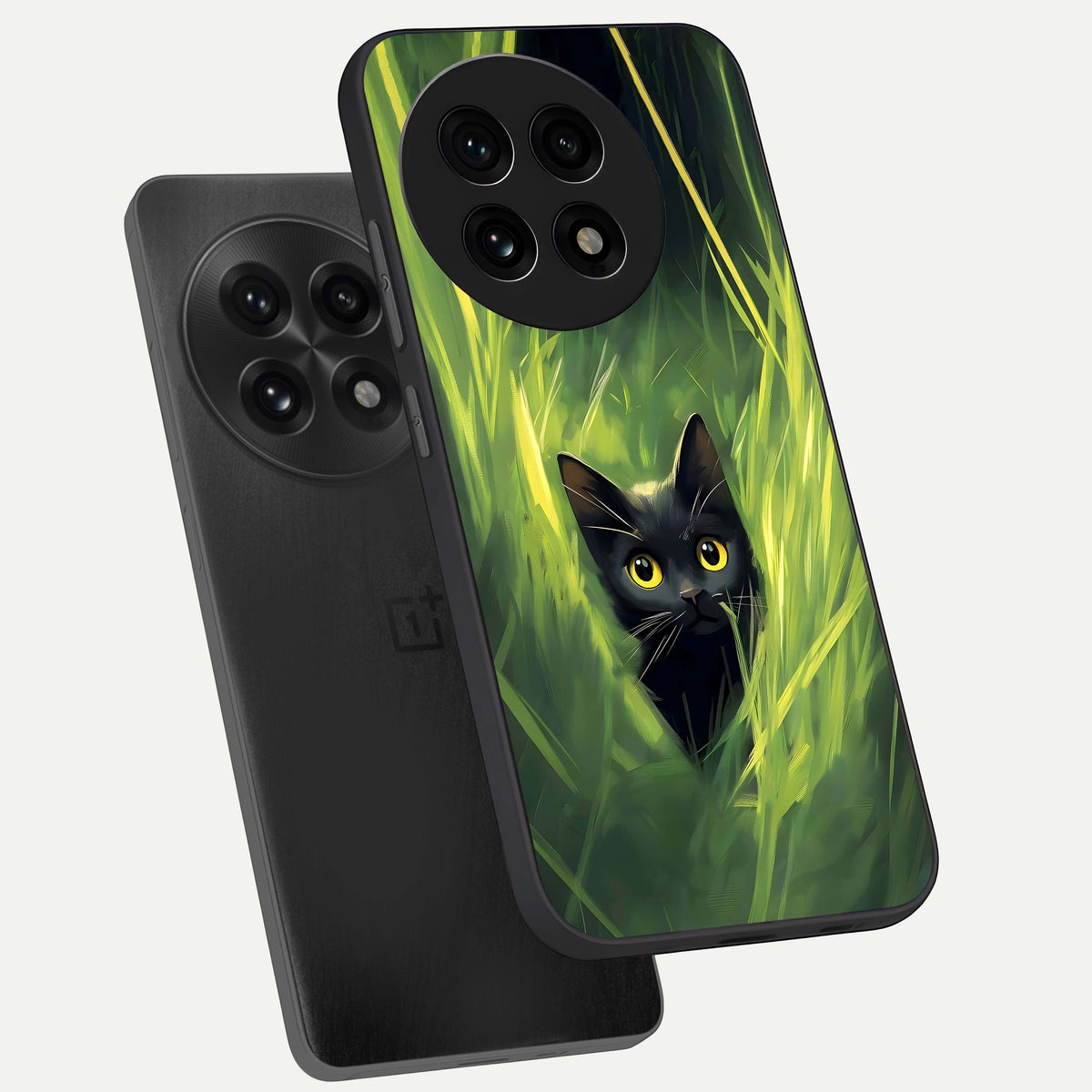  Hidden Cat Whisper phone case For OnePlus 13R showing premium glass back cover with detailed artwork