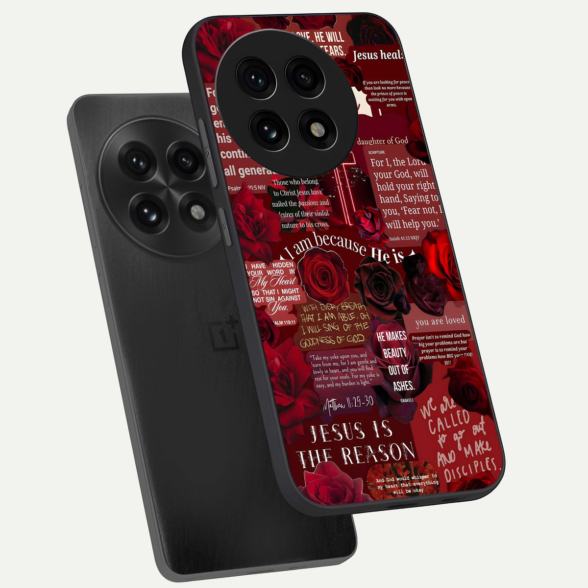  Jesus Love Heals phone case For OnePlus 13R showing premium glass back cover with detailed artwork