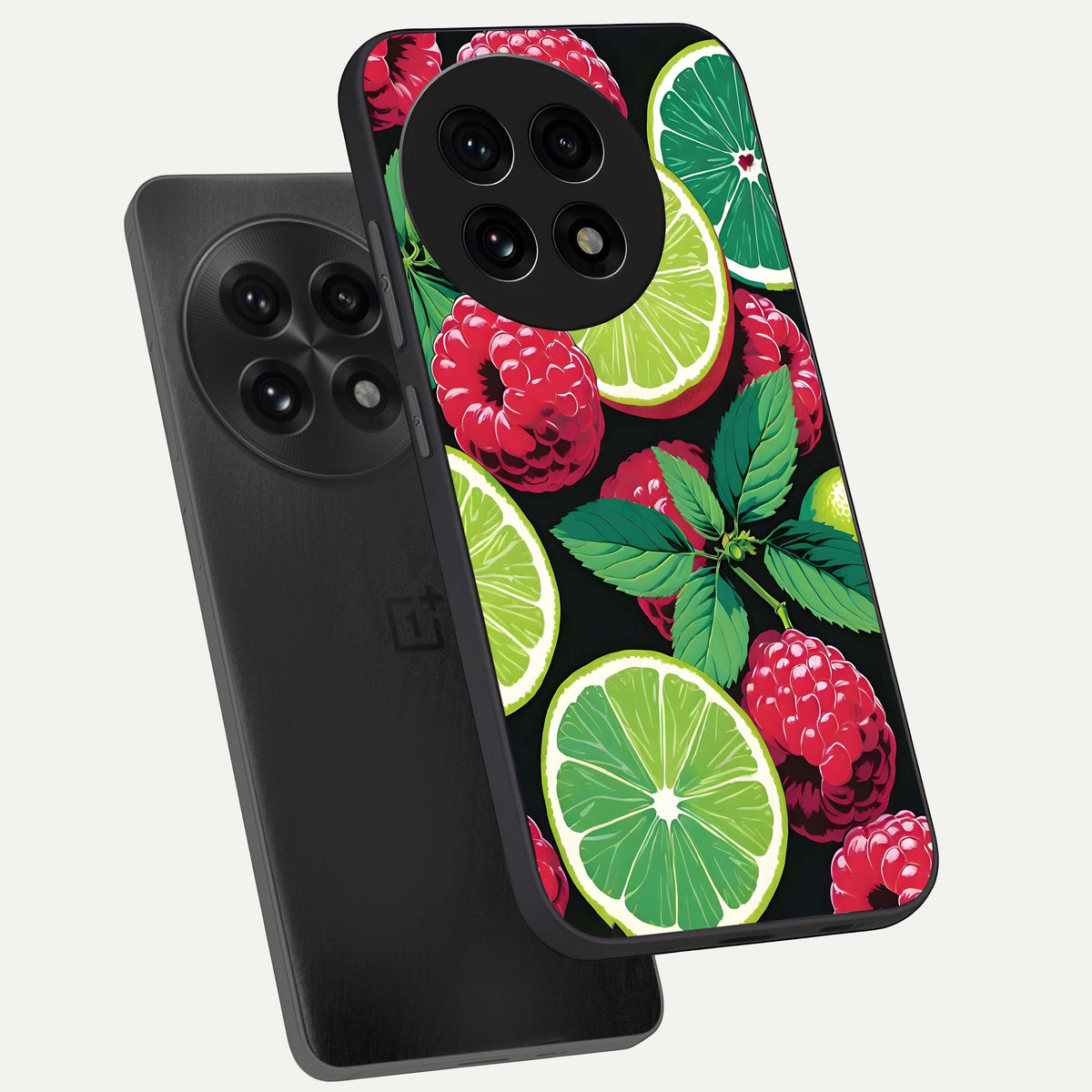  Lime and Raspberry Pattern phone case For OnePlus 13R showing premium glass back cover with detailed artwork