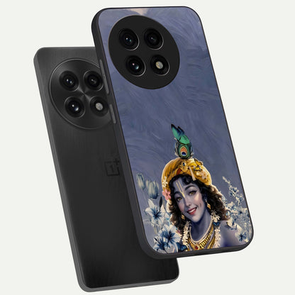  Lord Krishna phone case For OnePlus 13R showing premium glass back cover with detailed artwork