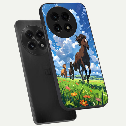  Majestic Horses Galloping phone case For OnePlus 13R showing premium glass back cover with detailed artwork