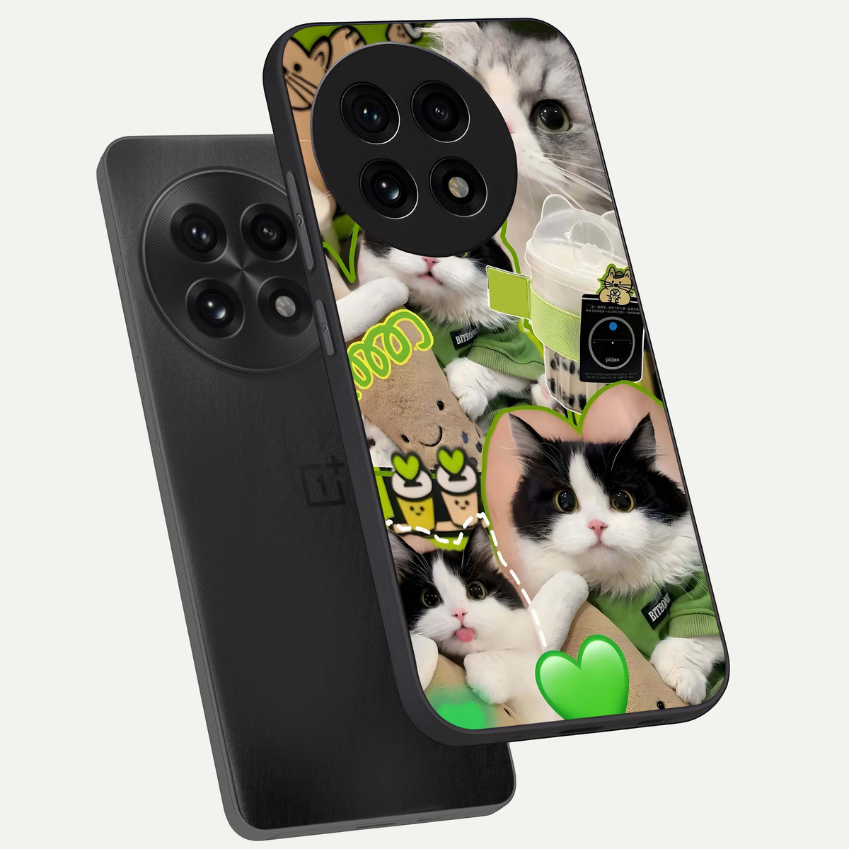  Matcha Cats Mood phone case For OnePlus 13R showing premium glass back cover with detailed artwork