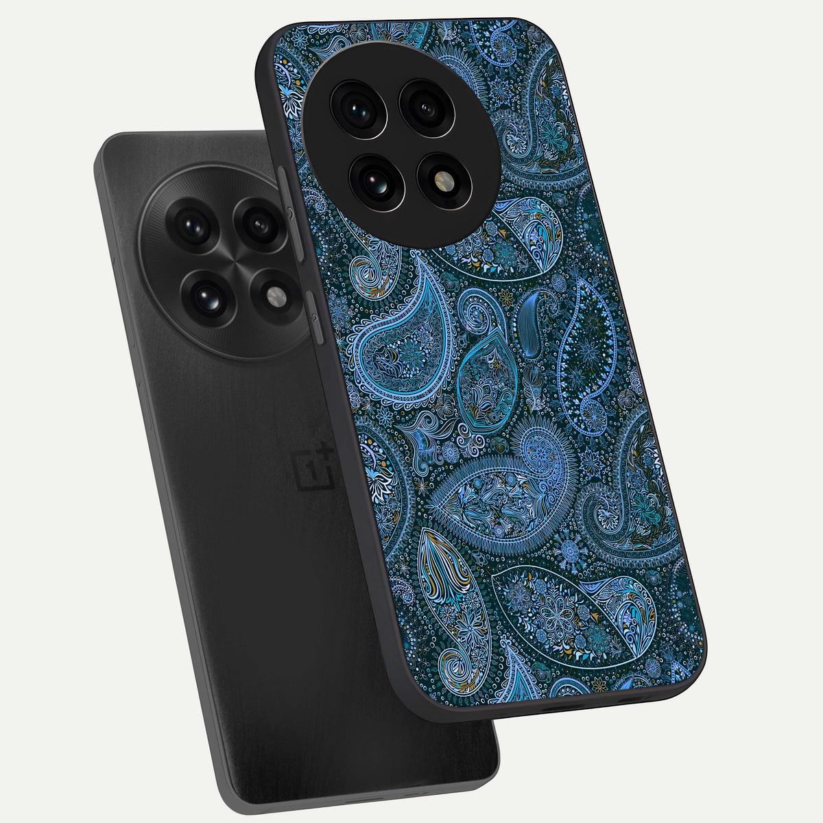  Midnight Paisley Glow phone case For OnePlus 13R showing premium glass back cover with detailed artwork