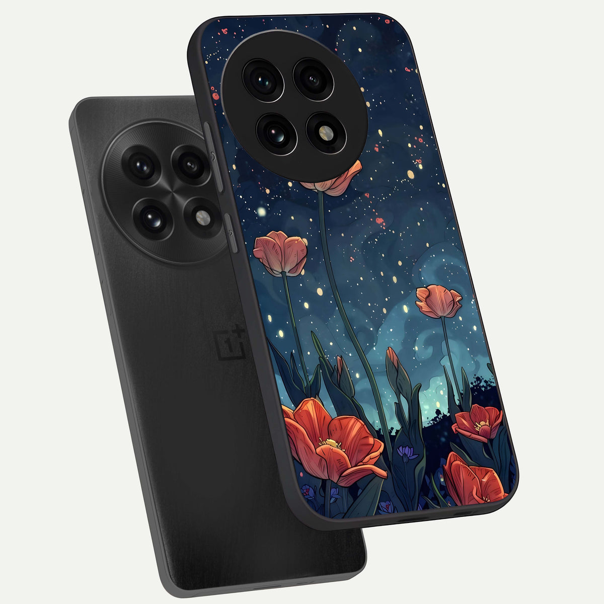  Midnight Tulip Glow phone case For OnePlus 13R showing premium glass back cover with detailed artwork