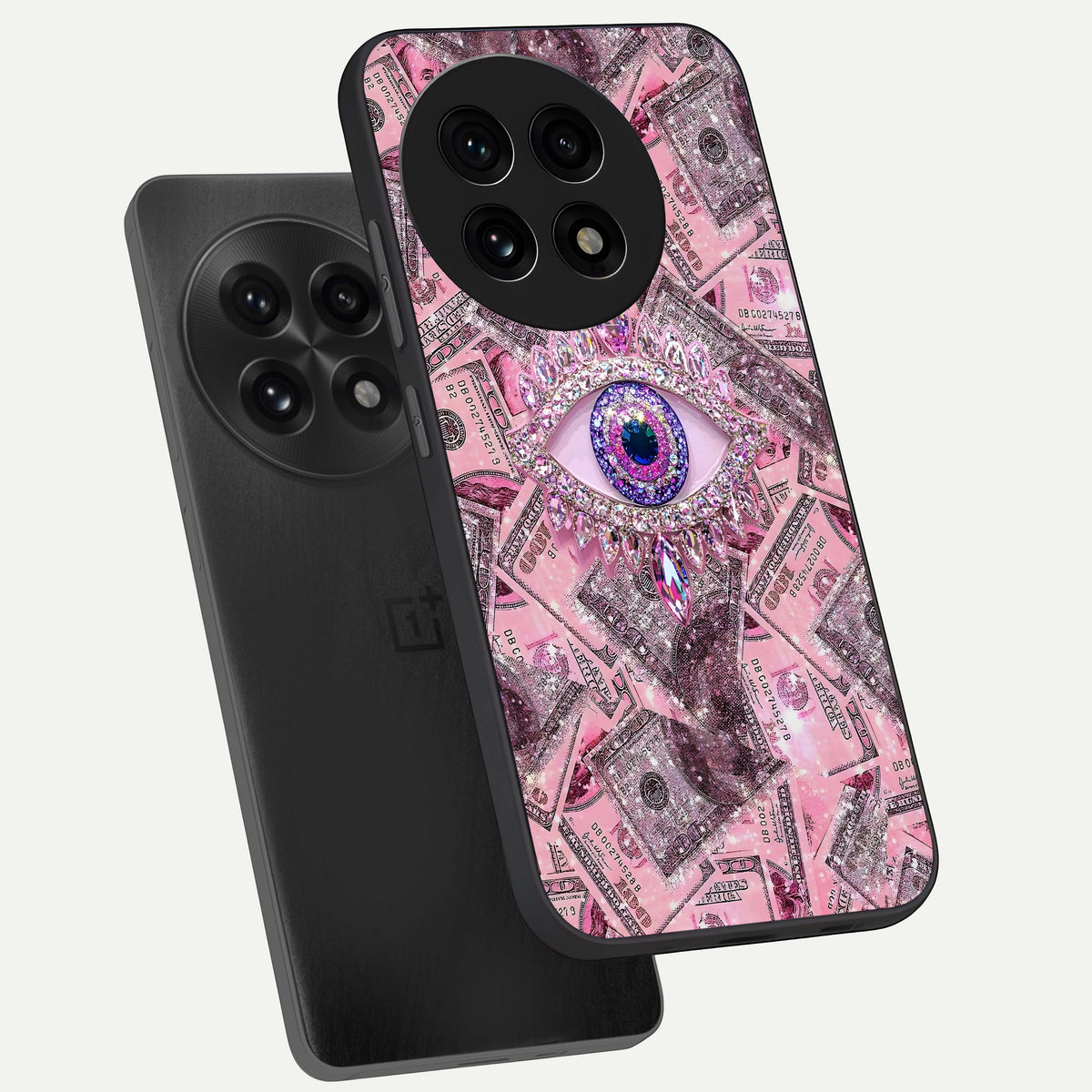  Money Eye Luxe phone case For OnePlus 13R showing premium glass back cover with detailed artwork