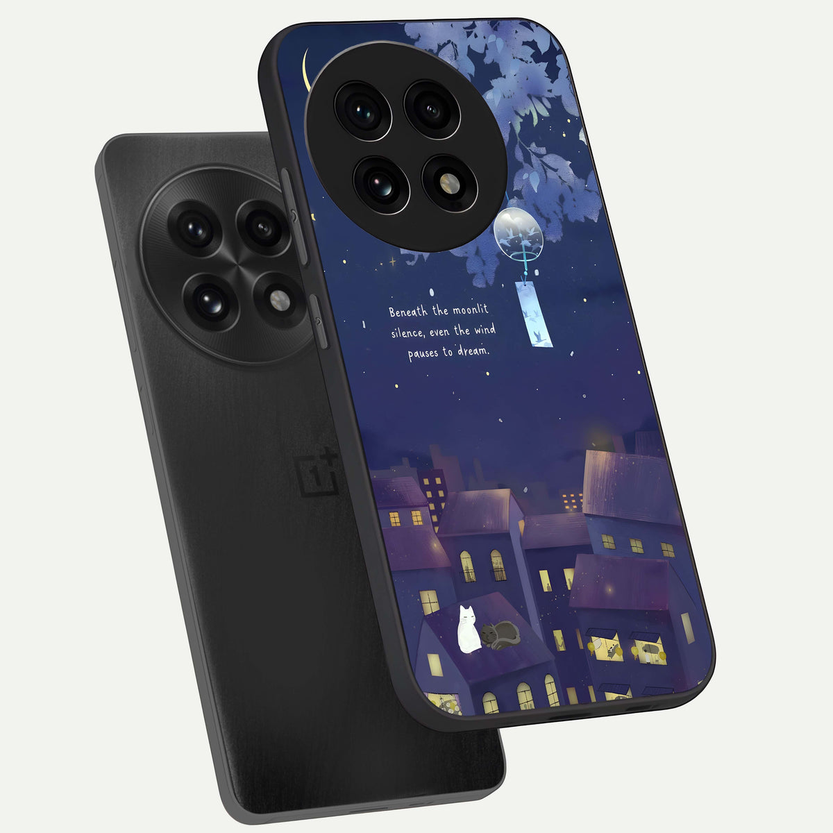  Moonlit Cat Silence phone case For OnePlus 13R showing premium glass back cover with detailed artwork