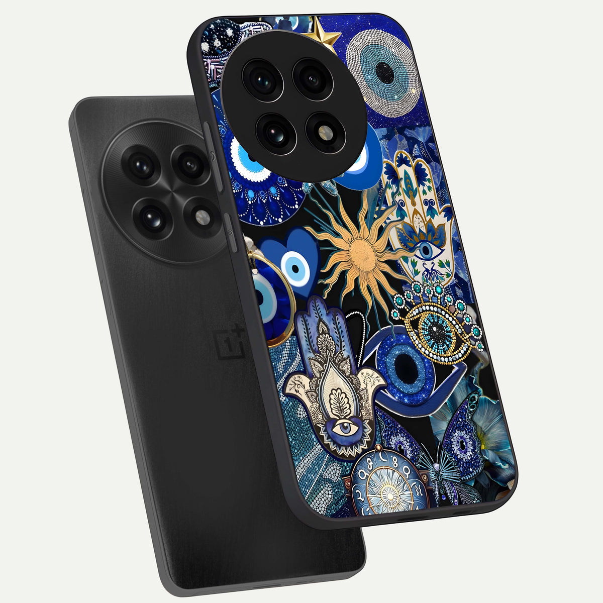  Mystic Blue Evil Eye phone case For OnePlus 13R showing premium glass back cover with detailed artwork