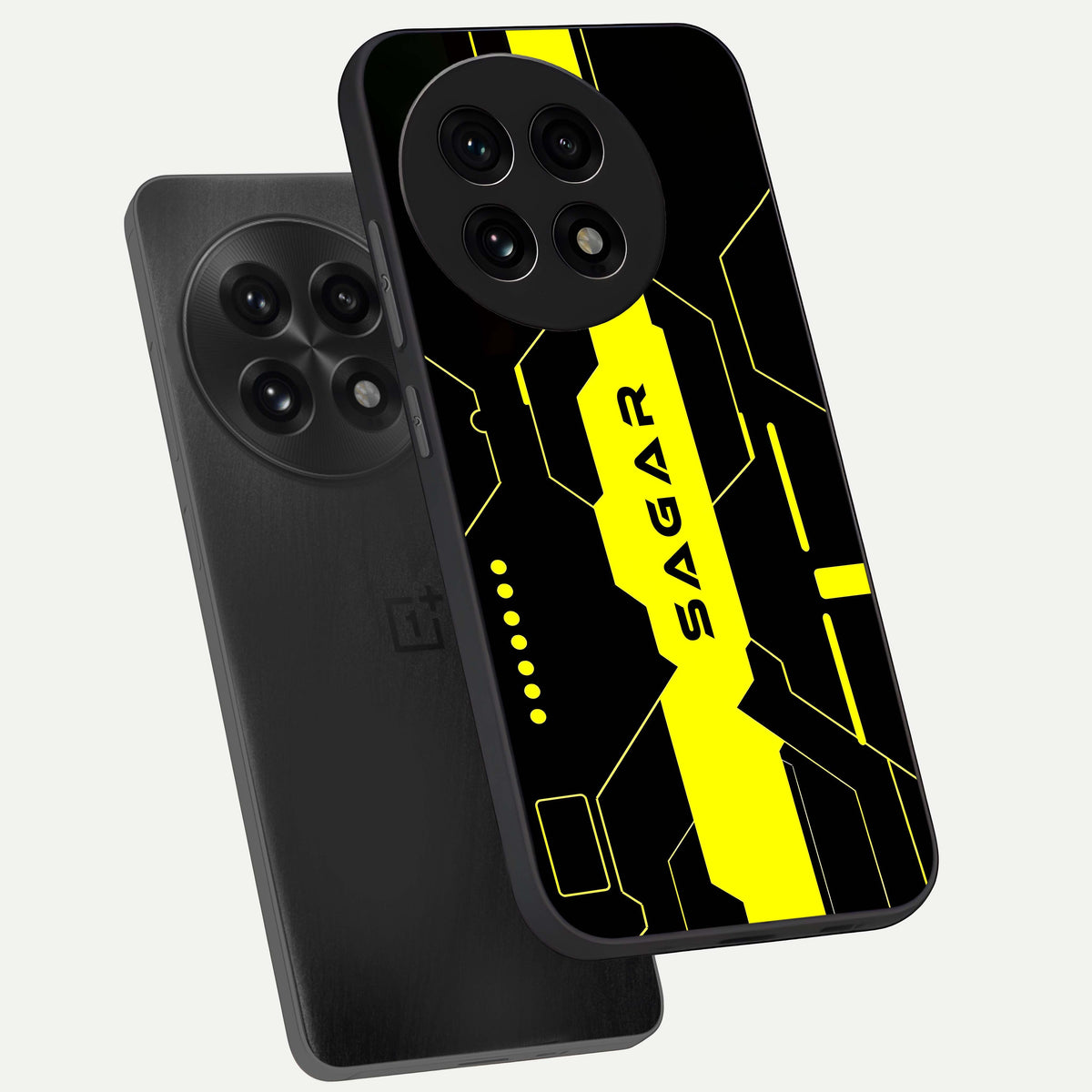  Neon CYBERPUNK Custom Name phone case For OnePlus 13R showing premium glass back cover with detailed artwork