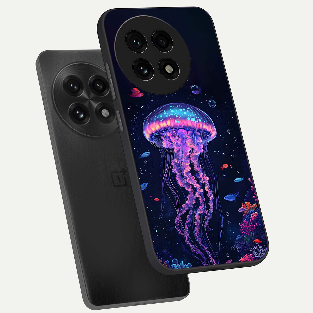  Neon Jellyfish phone case For OnePlus 13R showing premium glass back cover with detailed artwork