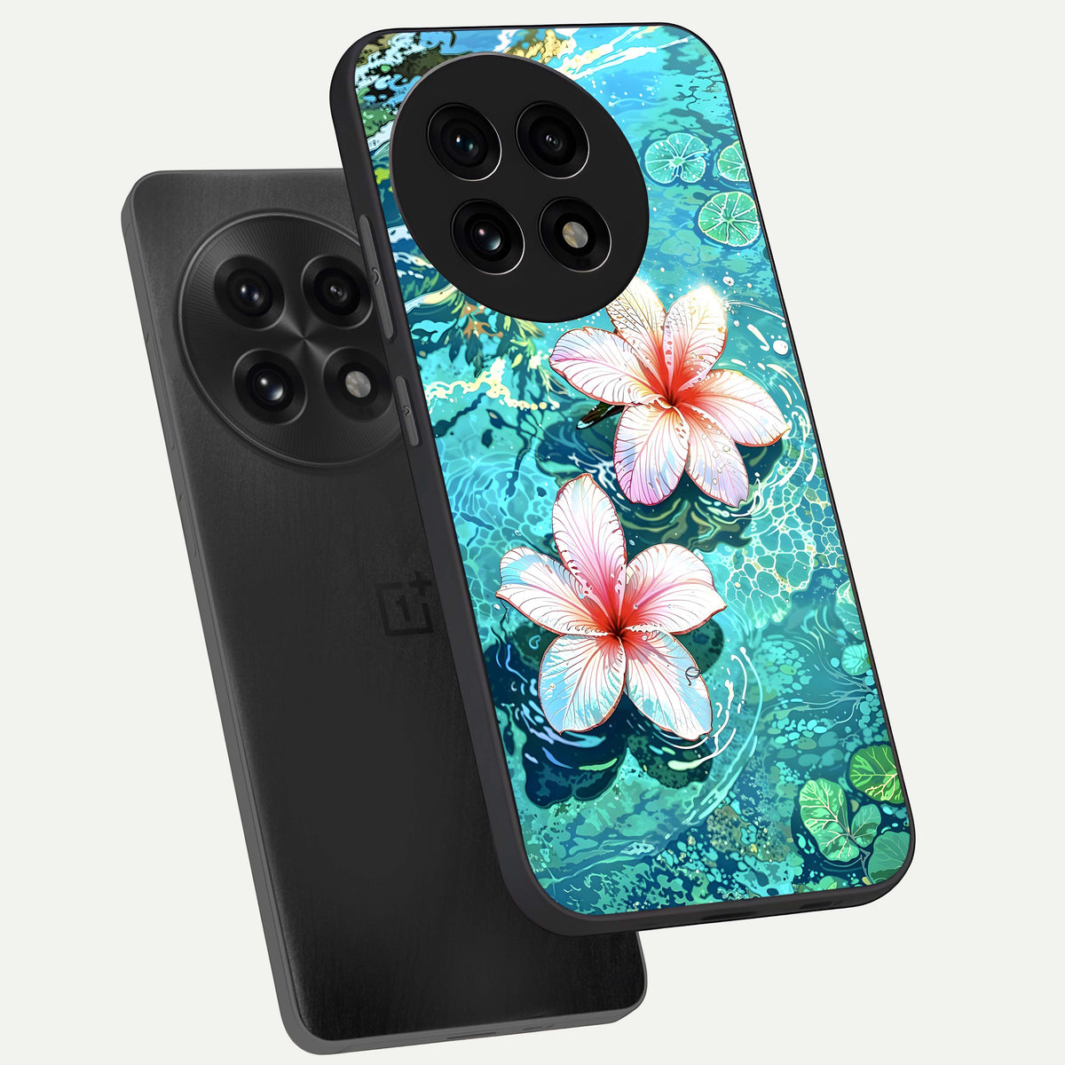  Pink Flowers in Water phone case For OnePlus 13R showing premium glass back cover with detailed artwork