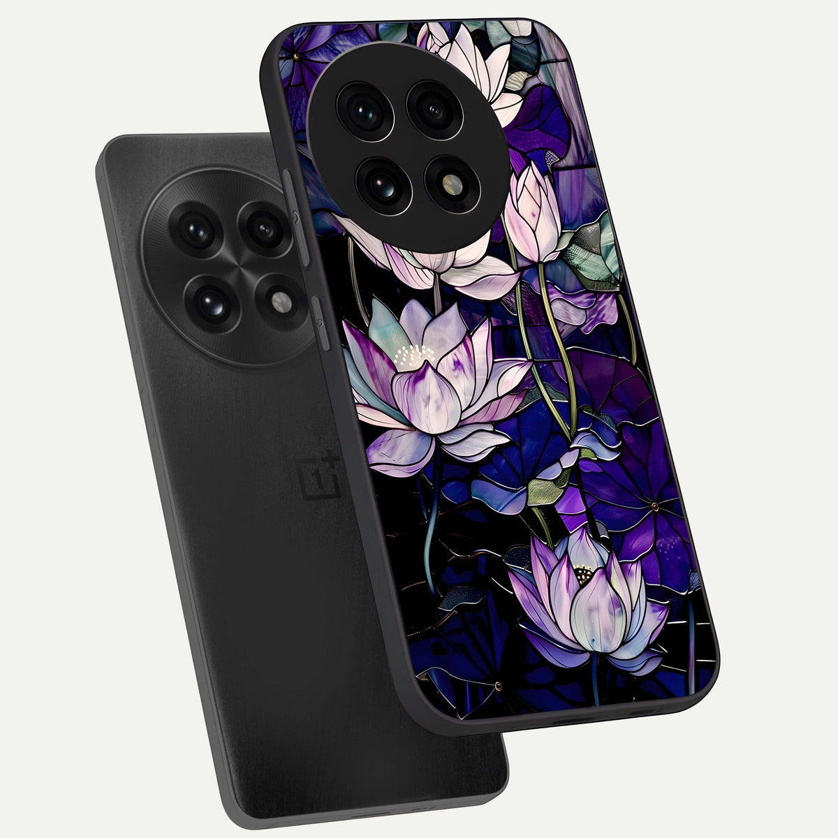  Purple Lotus Pattern phone case For OnePlus 13R showing premium glass back cover with detailed artwork