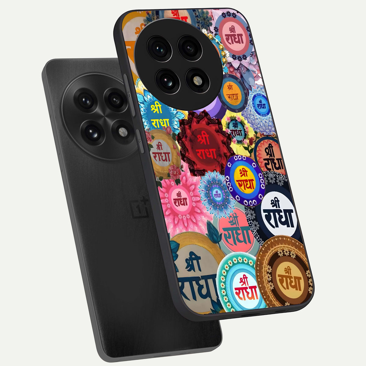  Radha Divine Bloom phone case For OnePlus 13R showing premium glass back cover with detailed artwork