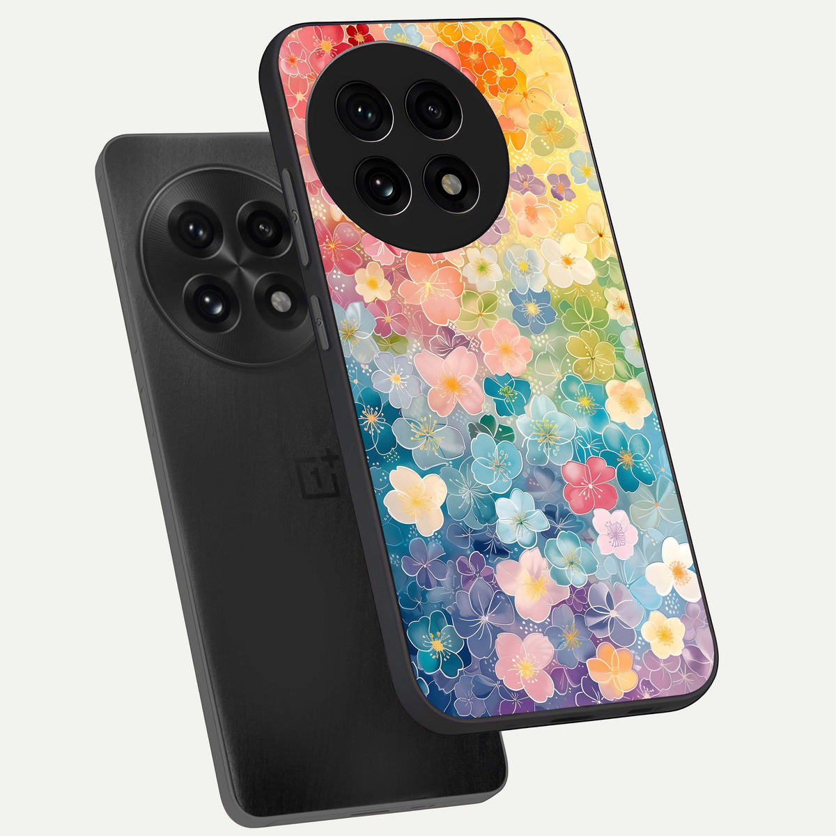  Rainbow Blossom Burst phone case For OnePlus 13R showing premium glass back cover with detailed artwork