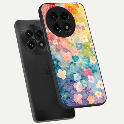  Rainbow Blossom Burst phone case For OnePlus 13R showing premium glass back cover with detailed artwork
