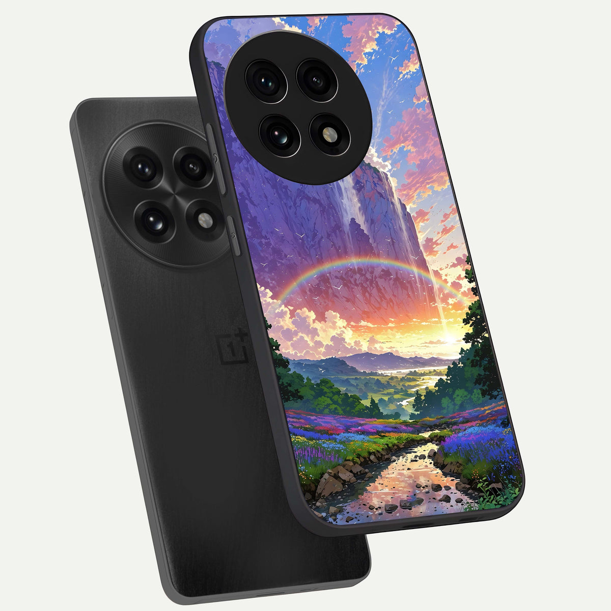  Rainbow Valley Dream phone case For OnePlus 13R showing premium glass back cover with detailed artwork