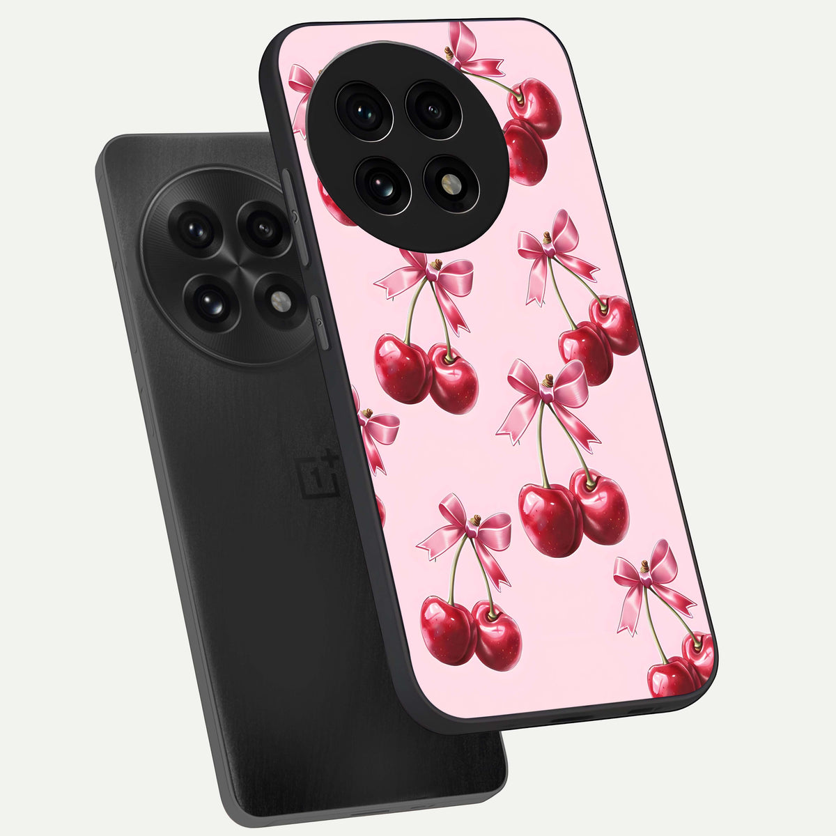  Red Cherries Pattern phone case For OnePlus 13R showing premium glass back cover with detailed artwork