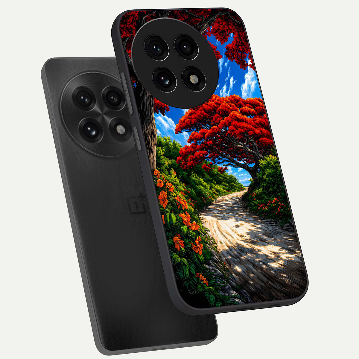  Red Trees Pathway phone case For OnePlus 13R showing premium glass back cover with detailed artwork