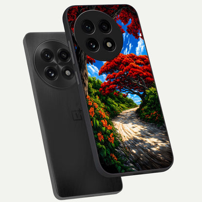  Red Trees Pathway phone case For OnePlus 13R showing premium glass back cover with detailed artwork