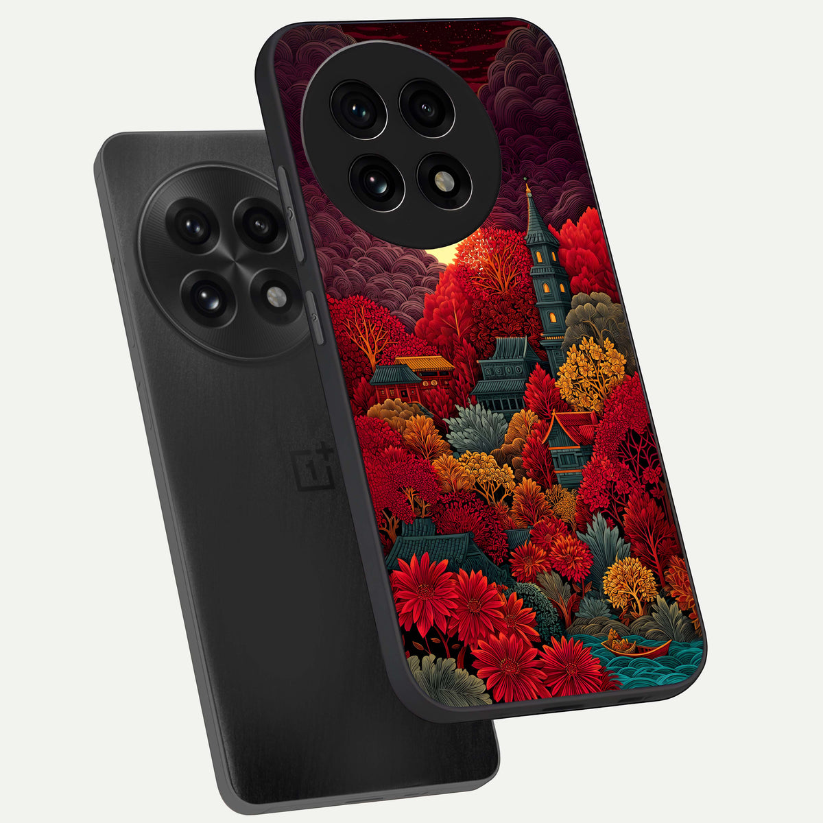  Scarlet Autumn Temple phone case For OnePlus 13R showing premium glass back cover with detailed artwork