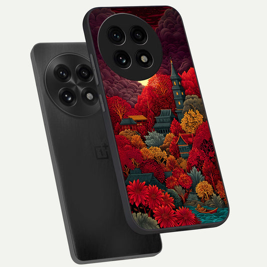  Scarlet Autumn Temple phone case For OnePlus 13R showing premium glass back cover with detailed artwork