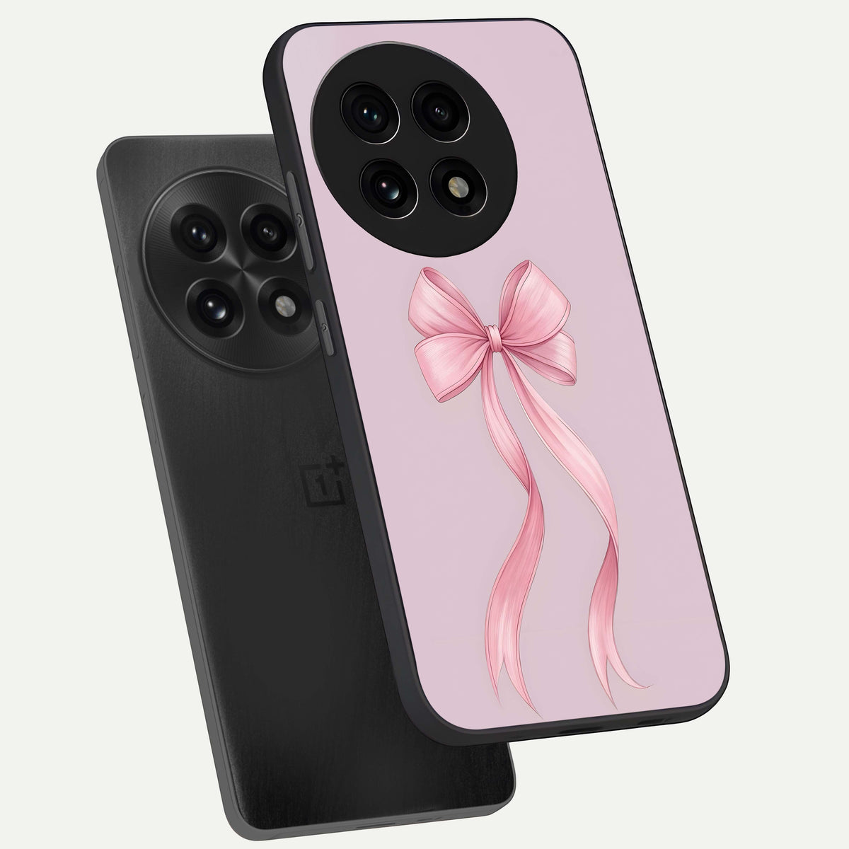  Soft Blush Bow phone case For OnePlus 13R showing premium glass back cover with detailed artwork
