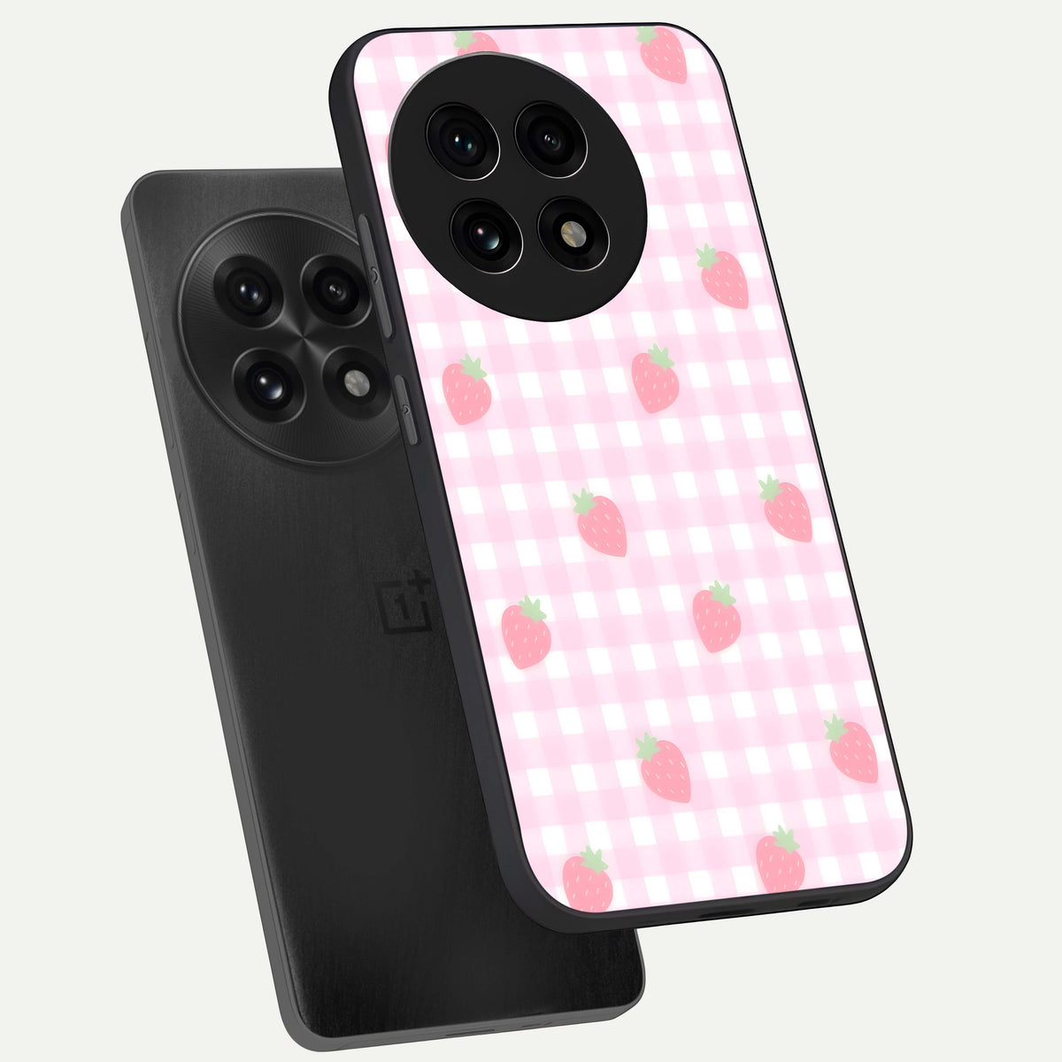  Strawberry Picnic Love phone case For OnePlus 13R showing premium glass back cover with detailed artwork