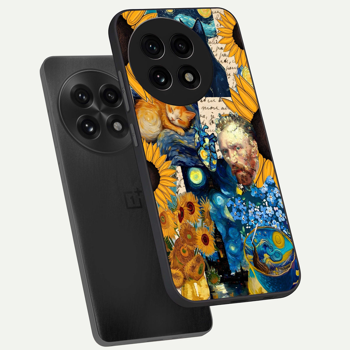  Sunflower Chic Mood Custom Name phone case For OnePlus 13R showing premium glass back cover with detailed artwork