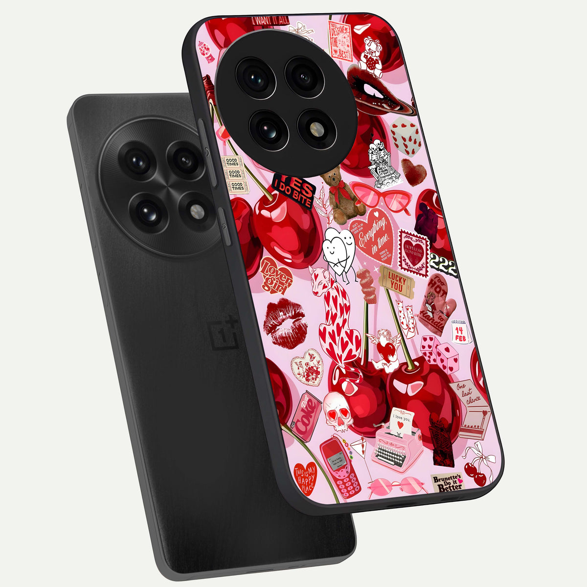  Sweet Cherry Chaos phone case For OnePlus 13R showing premium glass back cover with detailed artwork