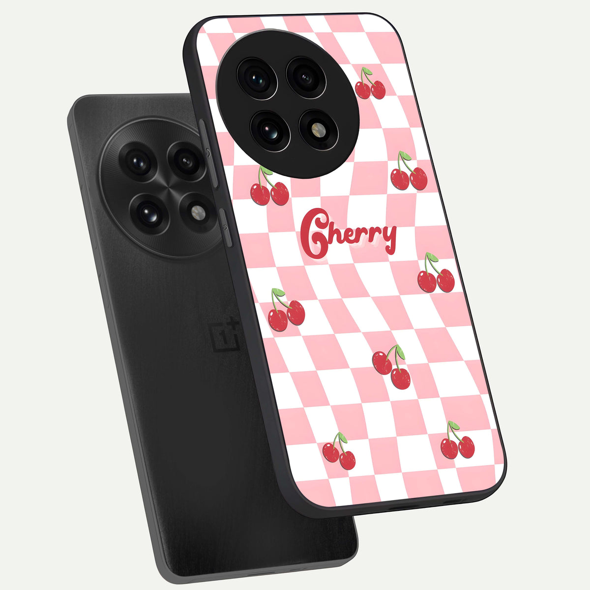  Sweet Cherry Vibes phone case For OnePlus 13R showing premium glass back cover with detailed artwork