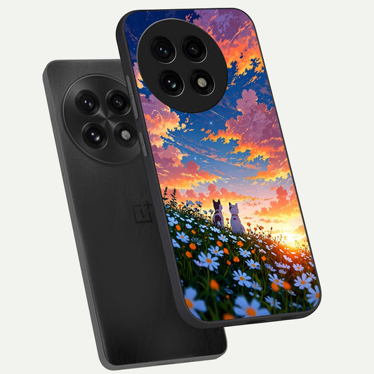  Two Cats Friends phone case For OnePlus 13R showing premium glass back cover with detailed artwork