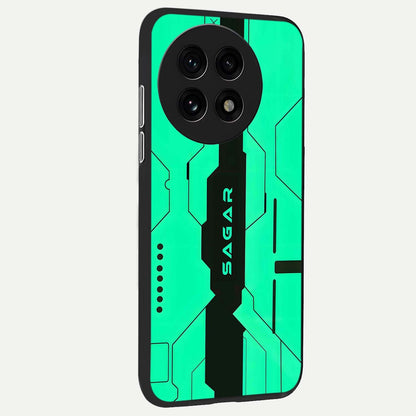  Aqua Tech CYBERPUNK Custom Name back cover For OnePlus 13R slim fit glass case with vibrant aesthetic design