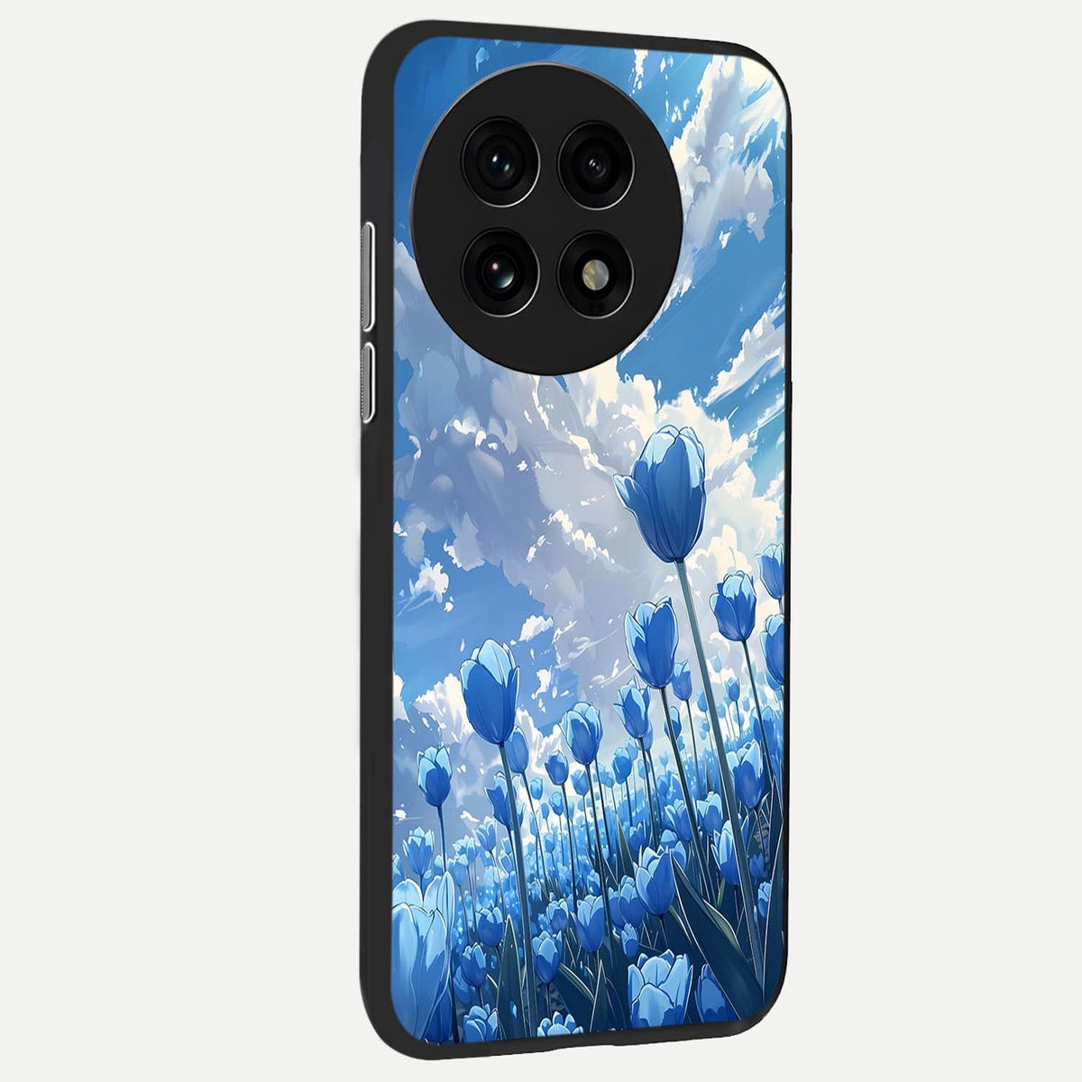  Blue Tulip Clouds back cover For OnePlus 13R slim fit glass case with vibrant aesthetic design