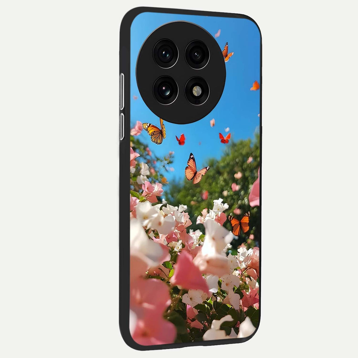  Butterflies In Bloom Sky back cover For OnePlus 13R slim fit glass case with vibrant aesthetic design