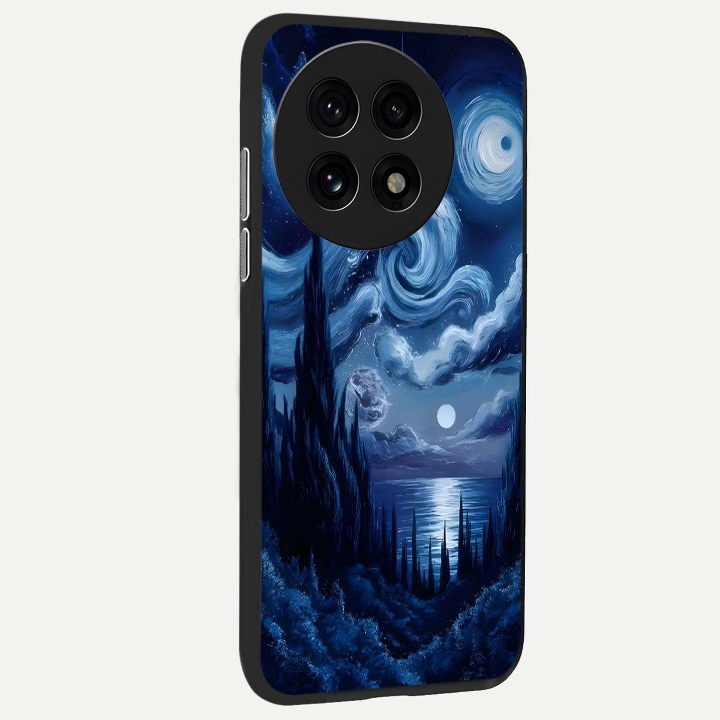Celestial Dream Van Gogh Glass Case showing full back design in clean flat view with painterly celestial textures and glossy glass finish.