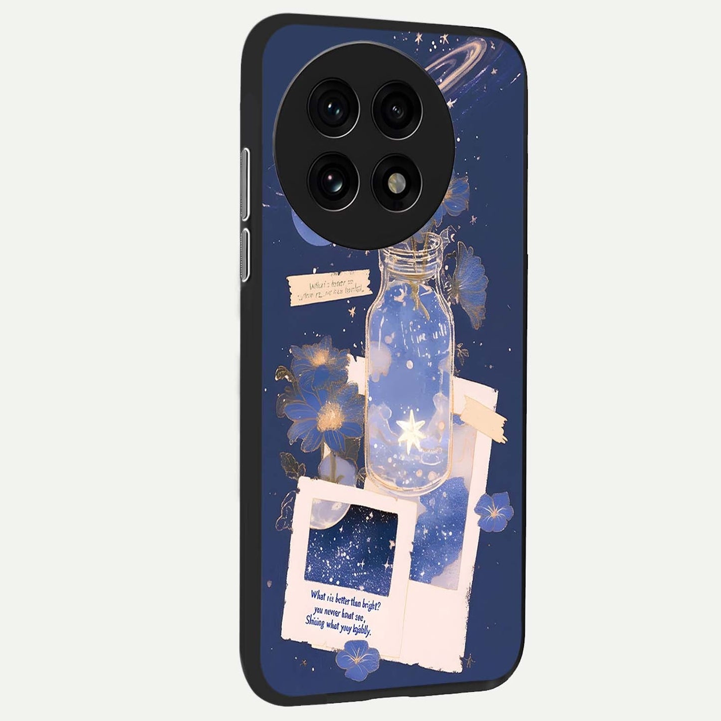 Starlit Cosmic Jar Glass Case showing full back design in clean flat view with star-filled cosmic jar artwork and glossy glass finish.