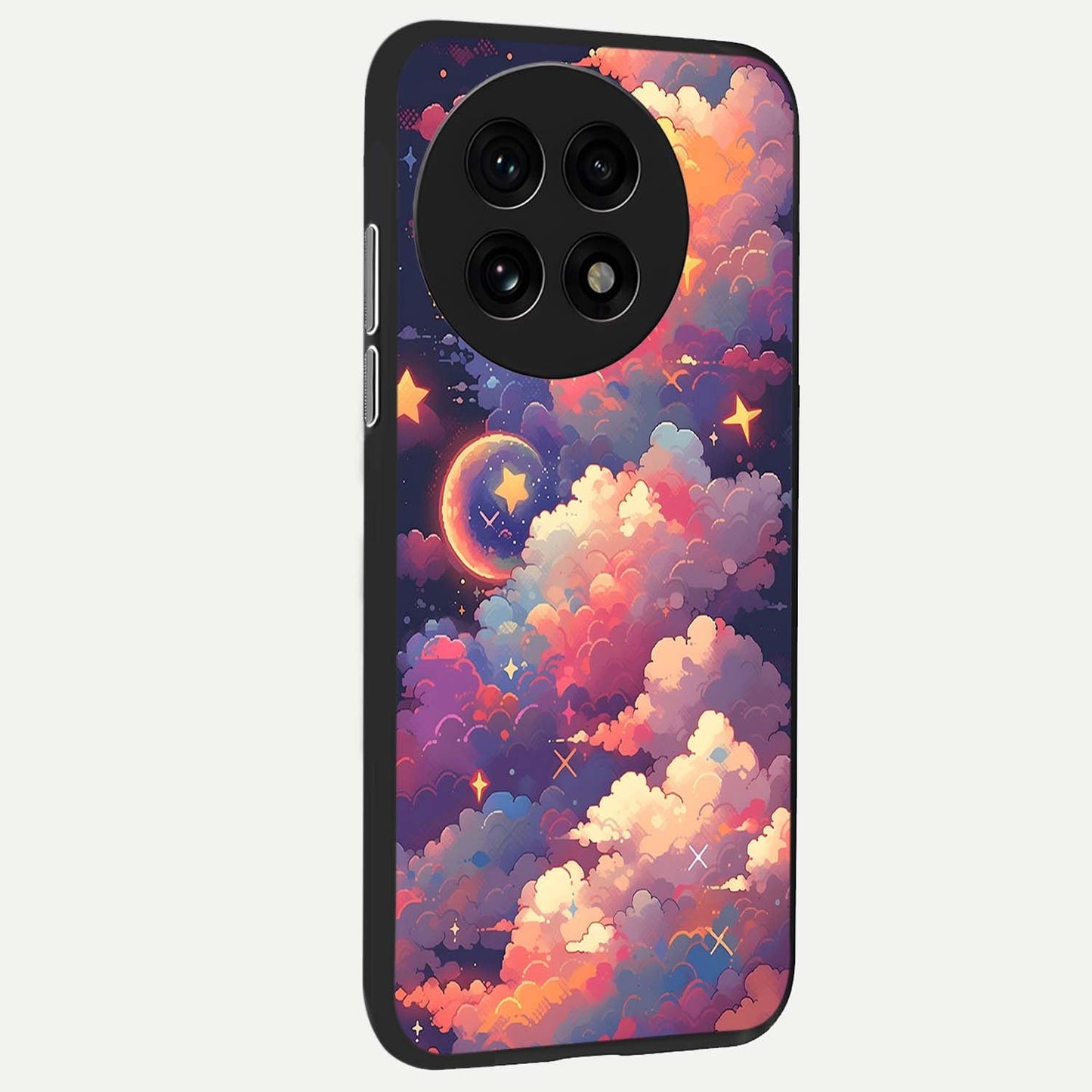 Starlit Dream Clouds Glass Case showing full back design in clean flat view with dreamy star-filled clouds and glossy glass finish.