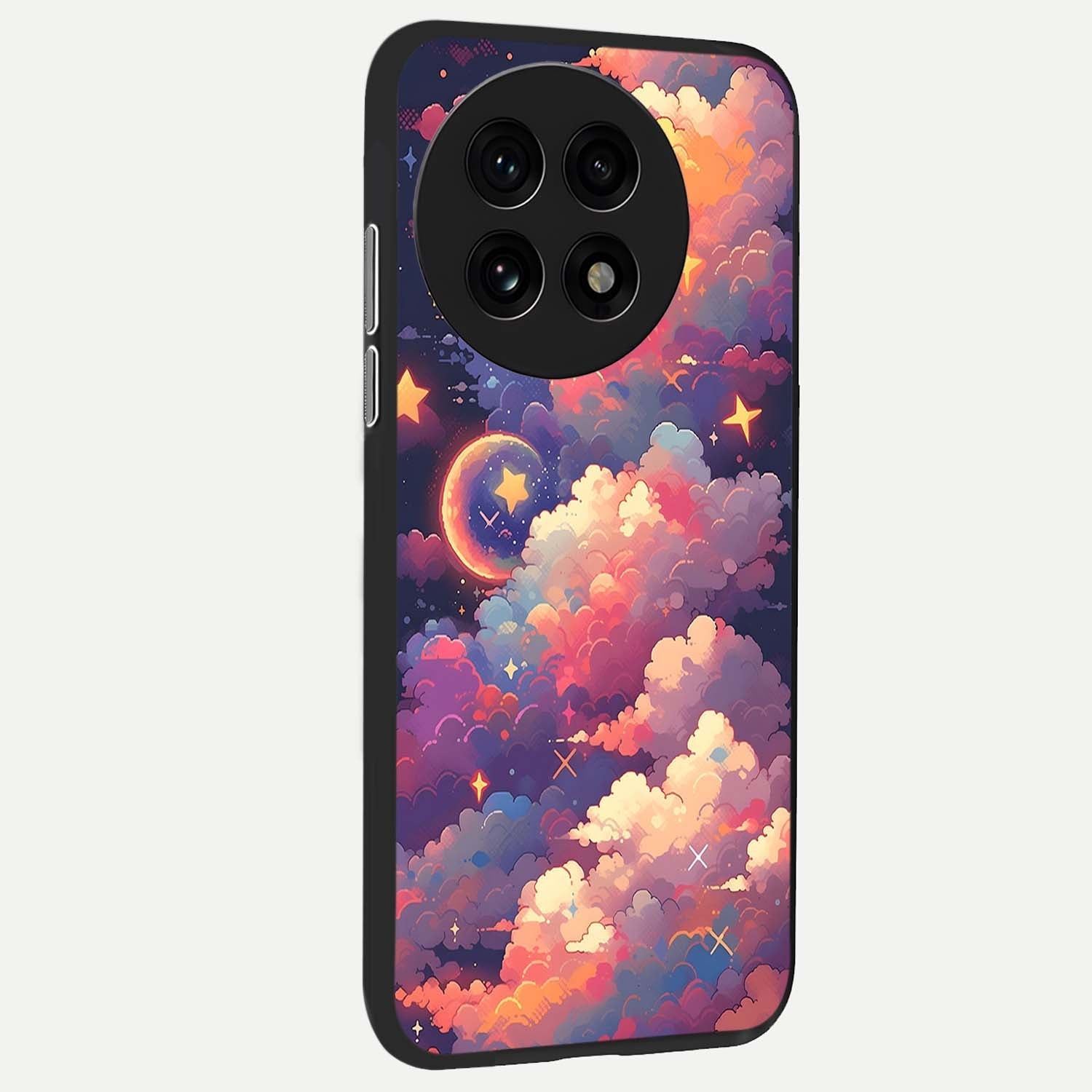 Starlit Dream Clouds Glass Case showing full back design in clean flat view with dreamy star-filled clouds and glossy glass finish.