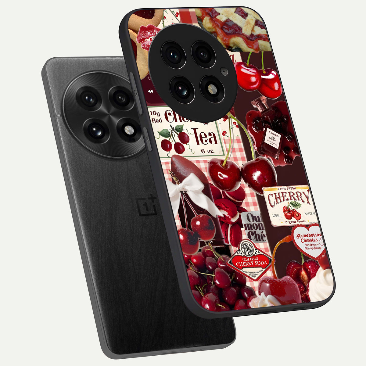  Aesthetic Cherry Tea phone case For OnePlus 13 showing premium glass back cover with detailed artwork