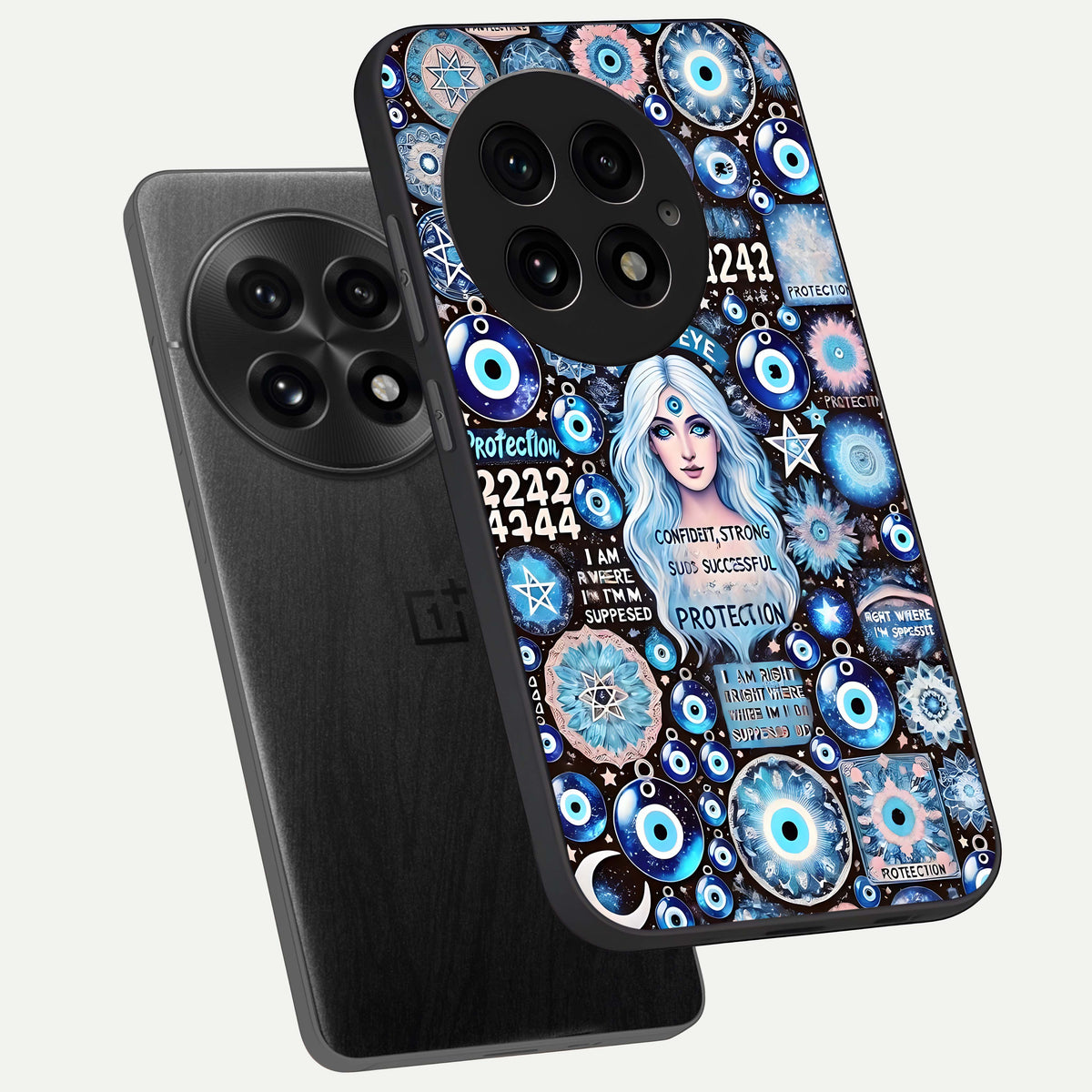  Angel Aura Shield phone case For OnePlus 13 showing premium glass back cover with detailed artwork