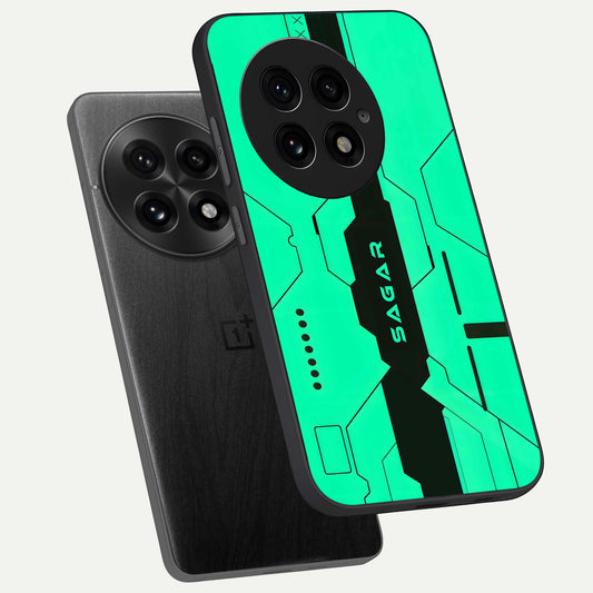  Aqua Tech CYBERPUNK Custom Name phone case For OnePlus 13 showing premium glass back cover with detailed artwork