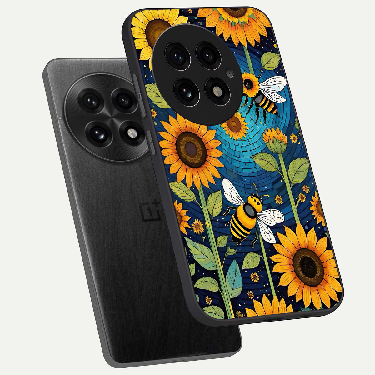  Bees And Sunflowers phone case For OnePlus 13 showing premium glass back cover with detailed artwork