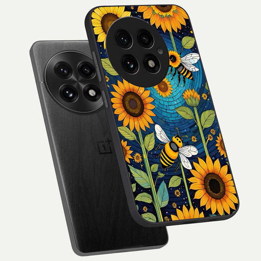  Bees And Sunflowers phone case For OnePlus 13 showing premium glass back cover with detailed artwork