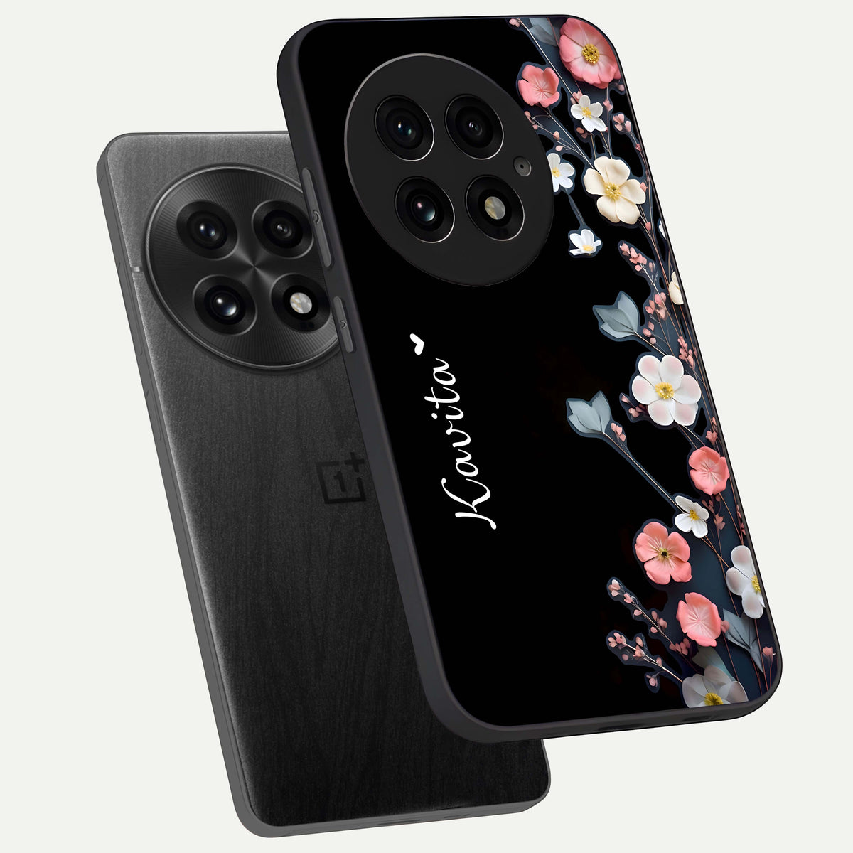  Black Elegance Floral Custom Name phone case For OnePlus 13 showing premium glass back cover with detailed artwork