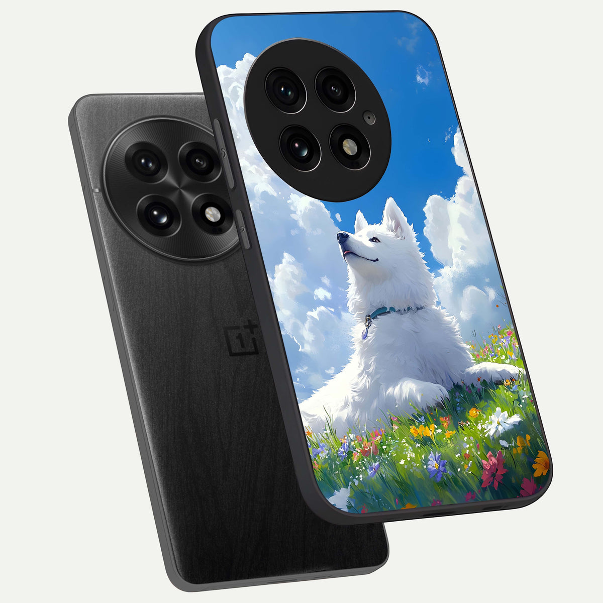  Blissful Cloud Pup phone case For OnePlus 13 showing premium glass back cover with detailed artwork