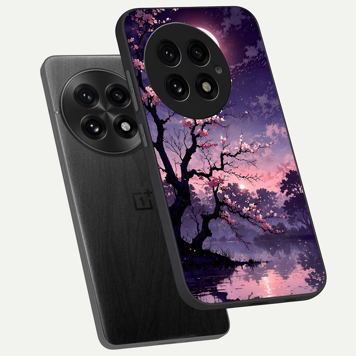  Blossom Pink Moon phone case For OnePlus 13 showing premium glass back cover with detailed artwork